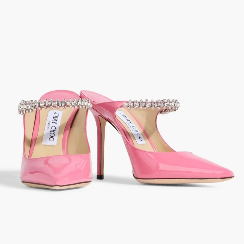 Jimmy Choo Bing 100 Shiny Patent Leather Crystal Stiletto Heels Bubble Pink - Picture 13 of 16